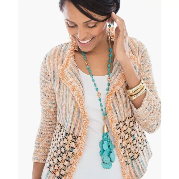 CHICO'S Jacket Textured Bonnie Fringe Cardigan Multicolor Size Large 2‎ NEW - Picture 1 of 9